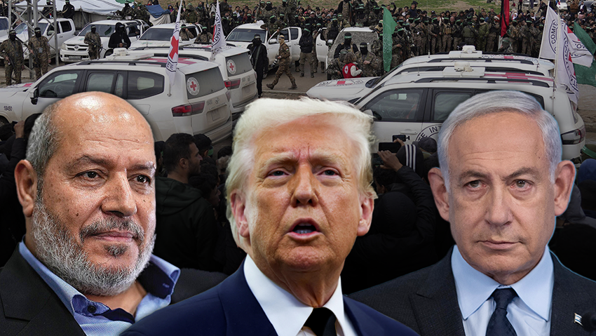 Donald Trump between Benjamin Netanyahu and Hamas senior Khalil al-Hayya against the backdrop of Red Cross vehicles used to return hostages (Photos: SkcJicnokl, Alex Kolomoisky, Abdel Kareem Hana/AP, Evelyn Hockstein/Pool/Reuters) דונלד טראמפ לצד בנימין נתניהו ובכיר חמאס חליל אל-חיה על רקע רכבי הצלב האדום