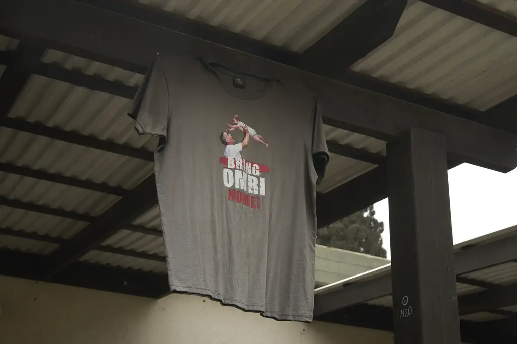 A t-shirt depicting Omri Miran, who is held captive by Hamas in the Gaza Strip, hangs at the family’s home in Kibbutz Nahal Oz