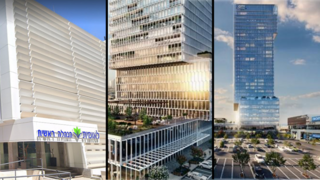 מימין: הדמיית מגדל G city בראשון לציון; משמאל: מטה קופת חולים לאומית שירותי בריאות בתל אביב