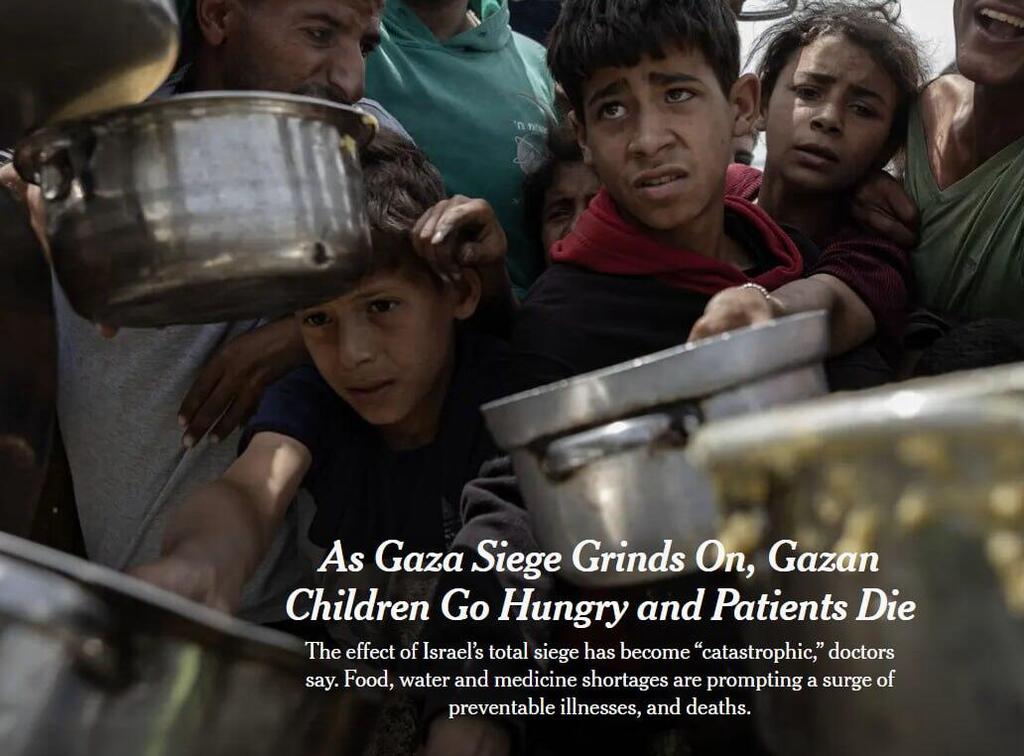 "ככל שהמצור על עזה נמשך, ילדים בעזה גוועים ברעב וחולים מתים". כותרת ב"ניו יורק טיימס" (צילום: מתוך הניו יורק טיימס) רעב ומצור בעזה בכותרת של "ניו יורק טיימס"