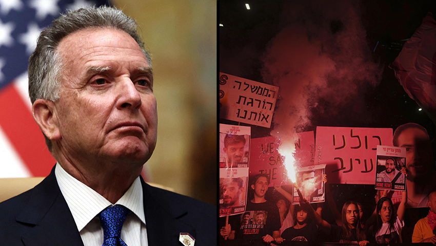 וויטקוף "בדרך לאזור". קודם העריכו בישראל: ניתן לסגור עסקה תוך יממה (צילום: REUTERS/Evelyn Hockstein/Pool, AP/Ohad Zwigenberg) חצאים מחאה הפגנה למען החטופים שחרור שחרורם השבתם עסקה ב דרך בגין תל אביב משפחות חטופים, סטיב וויטקוף