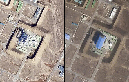משמאל: הנזק שנגרם לבסיס איראני לאחר התקיפה הישראלית בשנה שעברה | צילום: planet labs via AP yk14404545