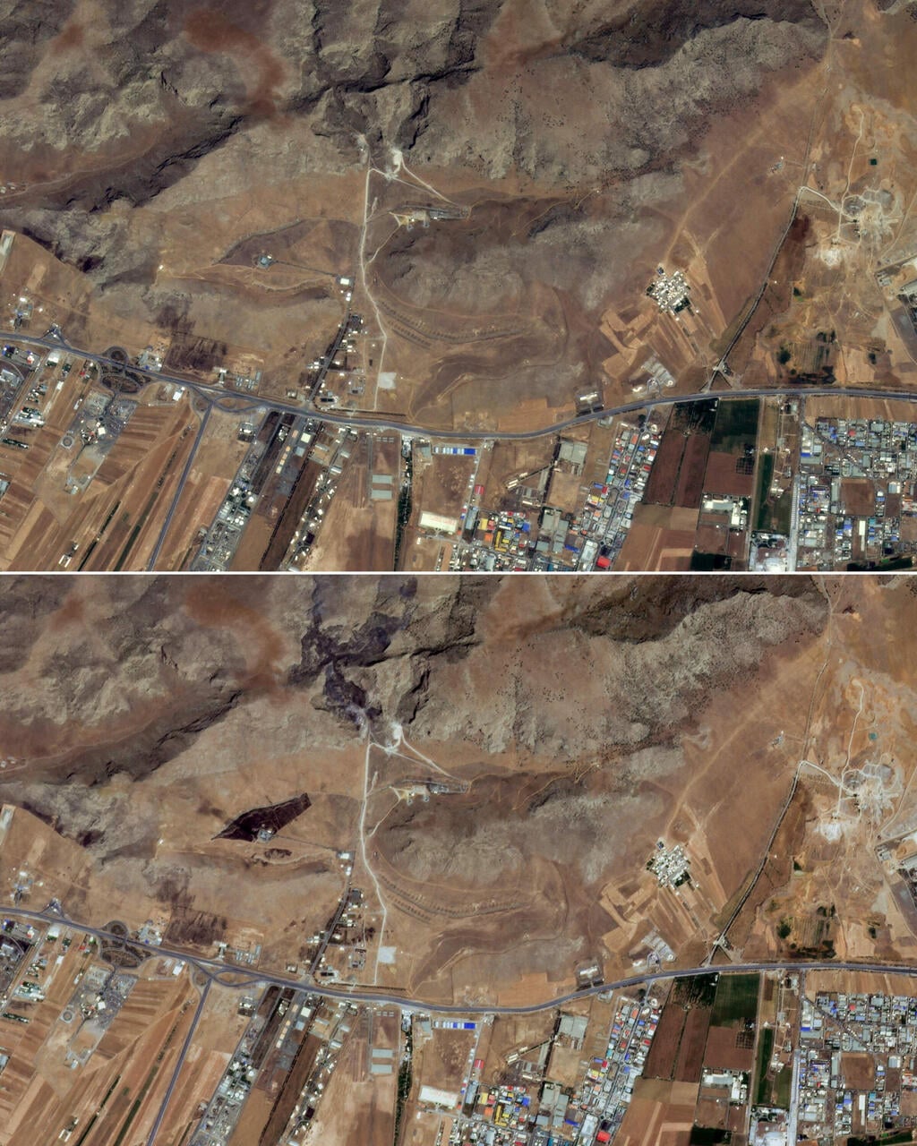 הצילומים מכרמאנשאה (צילום: Handout / © 2025 PLANET LABS PBC / AFP) נזק בסיס איראני לאחסון טילים בליסטיים בכרמאנשאה