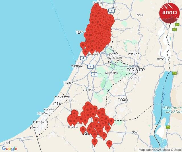 מפת האזעקות הלילה (צילום: כומתה ) מפת אזעקות