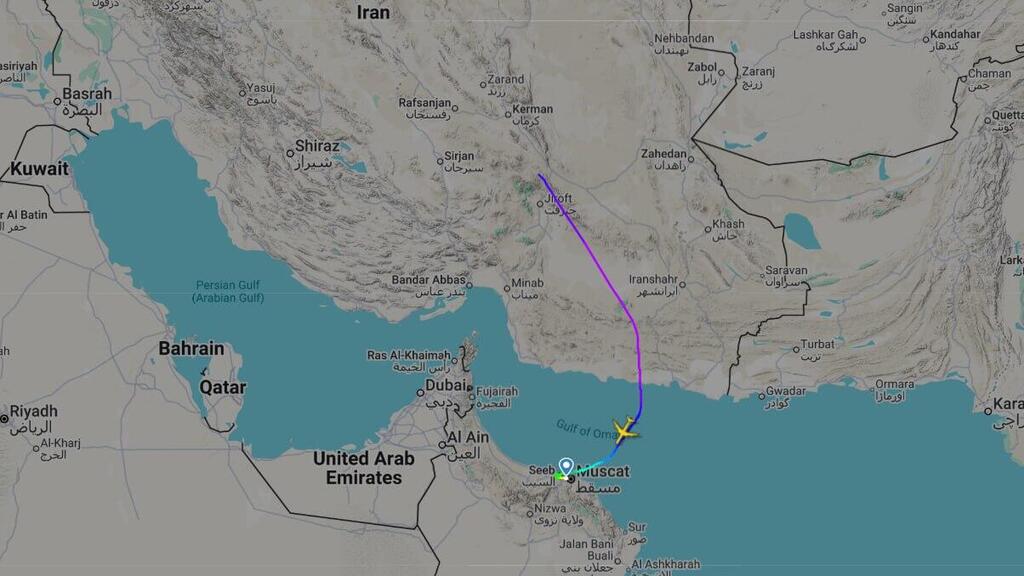 מסלול המטוס מאיראן לעומאן (צילום: FlightRadar24) מטוס איראן איראני ממשלתי נחת ב עומאן בזמן ה מלחמה עם כלביא