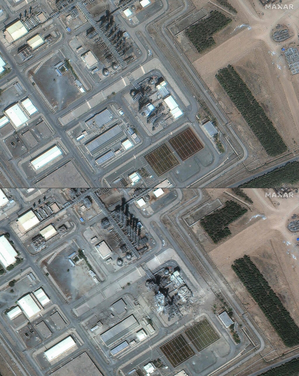 צילום: SATELLITE IMAGE ©2025 MAXAR TECHNOLOGIES / AFP צילומי לוויין לפני ואחרי של הנזק ל מתקן הגרעין גרעין ב אראכ בתקיפה של חיל האוויר ב 19 ביוני ב מבצע עם כלביא של ישראל נגד איראן