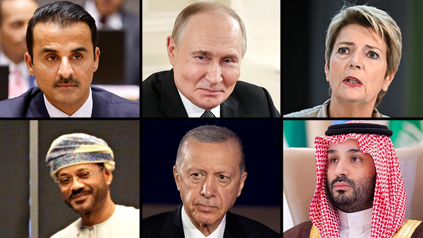 צילום: Ludovic MARIN / AFP, Sputnik/Vyacheslav Prokofyev/Pool via REUTERS, Andrew Harnik / GETTY IMAGES NORTH AMERICA / AFP, Fabrice COFFRINI / AFP, AFP PHOTO / HO / SAUDI PRESS AGENCY SPA קארין קלר סוטר נשיאת שוויץ, ולדימיר פוטין נשיא רוסיה, נשיא טורקיה רג'פ טאיפ ארדואן, שר ההגנה של סעודיה חאלד בן סלמאן, אמיר קטאר תמים בן חמד אל ת'אני עבאס עראקצ'י שר החוץ של איראן