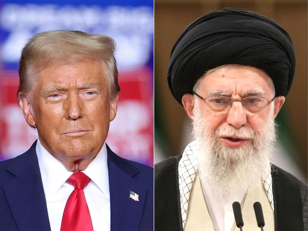 חמינאי וטראמפ (צילום: CHARLY TRIBALLEAU and ATTA KENARE / AFP) עלי חמינאי דונלד טראמפ