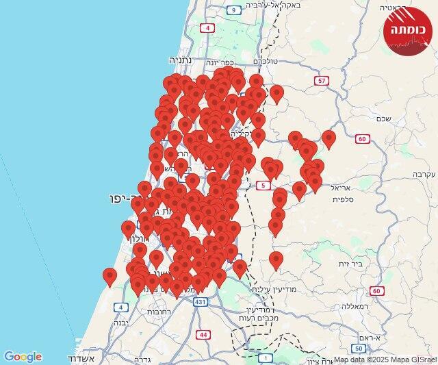 האזורים שבהם הופעלו אזעקות ( צילום: כומתה) אזעקת צבע אדום