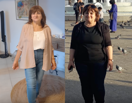 בתיה נחמיאס. לפני (צד ימין) ואחרי 21 ק״ג פחות (צד שמאל) 