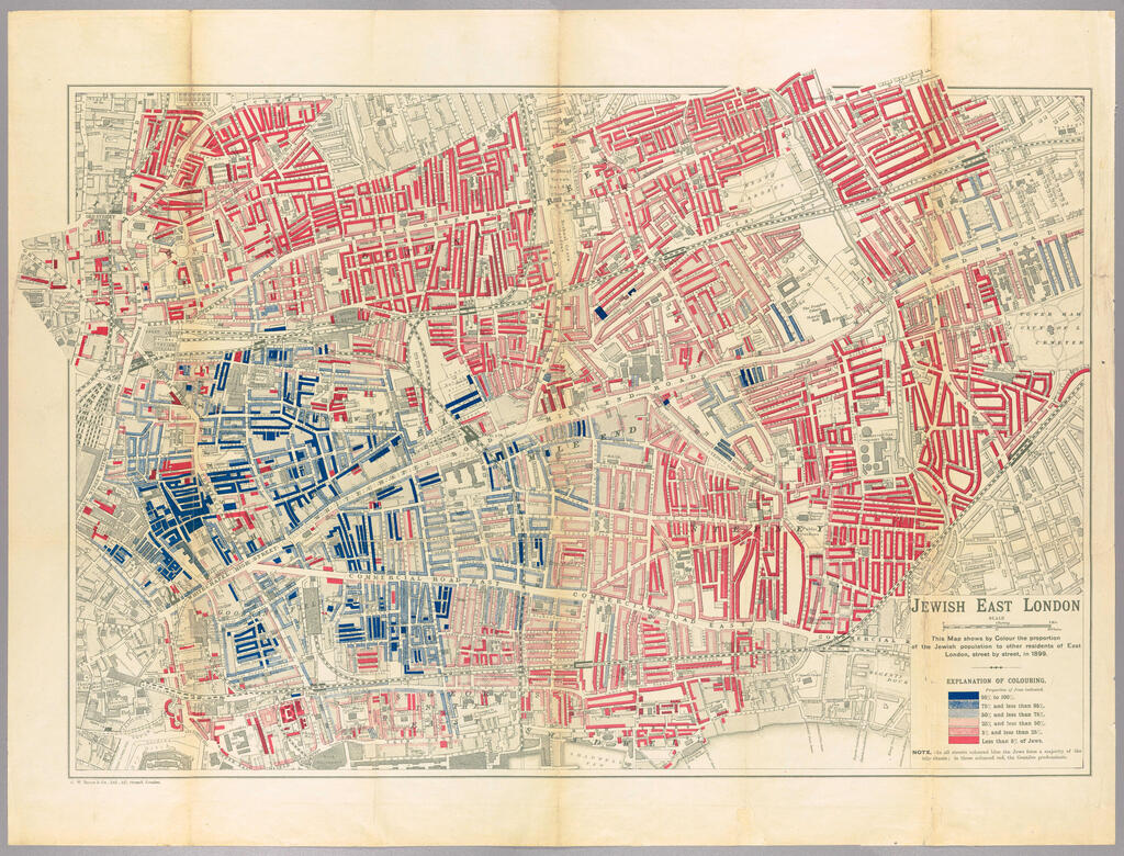 Annotated map of East London showing Jewish populated areas in 1901 יהודים במזרח לונדון. תצלום מתוך מפה משנת 1901