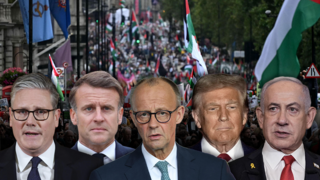 ראש הממשלה נתניהו, נשיא ארה הפגנת נגד ישראל לונדון, טראמפ, נתניהו, מקרון, סטרמר