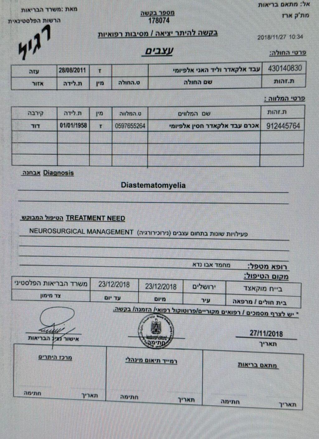 הבקשה ליציאה מהארץ ב-2018 (צילום: מתפ"ש) מסמכים המפרטים את הרקע הרפואי והבקשה להיתר יציאה בשנת 2018