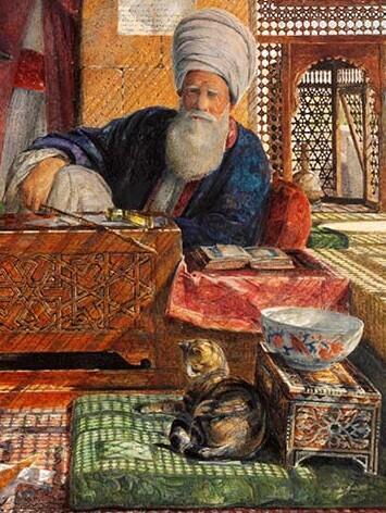 חתול נח על כרית ליד אימאם בקהיר (ציור: John Frederick Lewis / Wikipedia) חתול נח על כרית ליד אימאם בקהיר