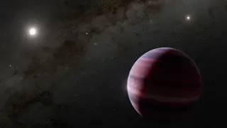 הדמיה בעיני אמן של כוכב הלכת שהתגלה, על רקע אלפא קנטאורי A (משמאל) ו-B (מימין)