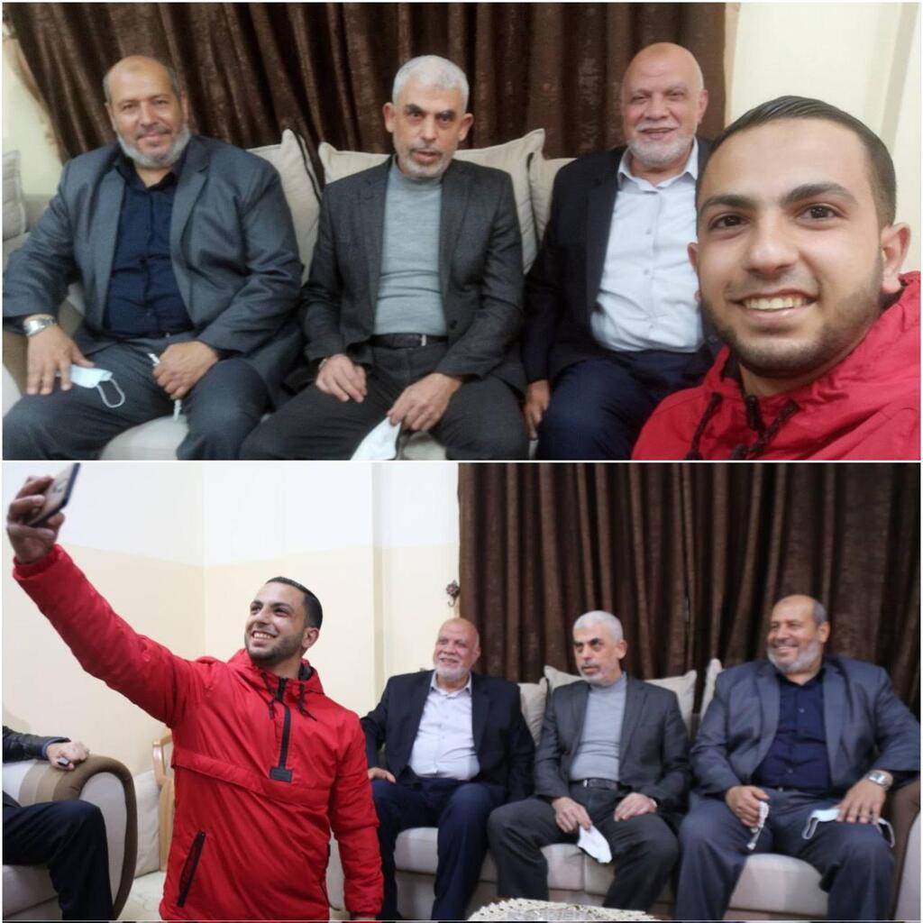 Al-Sharif with Hamas leaders Khalil al-Hayya and Yahya Sinwar אנס א-שריף יושב עם בכירי חמאס