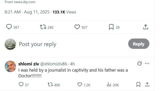 תגובתו של שורד השבי שלומי זיו לפוסט של סקיי ניוז