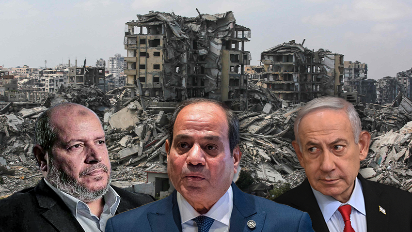 Khalil al-Hayya, Abdel Fattah el-Sisi, Benjamin Netanyahu (Photo: Bashar Taleb/ AFP/ Martin Sylvest / Ritzau Scanpix/ AFP, Khaled Desouki/ AFP, Yuval Chen, Yair Sagi, IDF, Reuters/ Evelyn Hockstein, Khalil Hamra/AP / Hassan Ammar) בנימין נתניהו א-סיסי נשיא מצרים חליל אל חיה