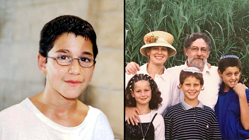 At left, Yosef Ish-Ran; right, the whole Mandell family before Koby's death (Koby is in the bright blue shirt) (Photo: Courtesy of the family) מימין: משפחת מנדל עם קובי ז"ל. משמאל: יוסף איש-רן, חברו של קובי שנרצח עמו בפיגוע