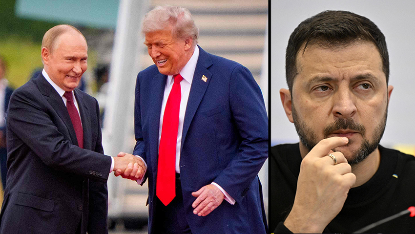פוטין הוזמן, זלנסקי מתלבט אם להצטרף (צילום: Andrew Harnik / GETTY IMAGES NORTH AMERICA / AFP, ERIC LALMAND / BELGA / AFP) וולודימר זלנסקי דונלד טראמפ ולדימיר פוטין