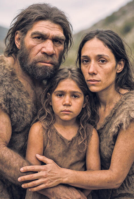 משפחה מעורבת של הומו ספיינס וניאנדרטלים (הדמיה) yk14482113