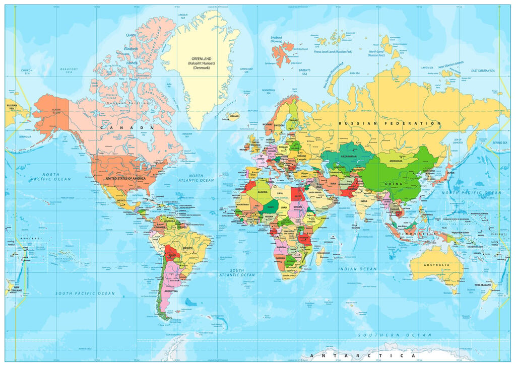 World map in the Mercator projection (Photo: shutterstock/Cartarium) מפה מפת העולם עולם בגרסת מרקטור Mercator