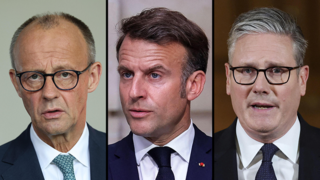 ראש ממשלת בריטניה קיר סטרמר, עמנואל מקרון, פרידריך מרץ ראש ממשלת בריטניה קיר סטרמר, עמנואל מקרון, פרידריך מרץ