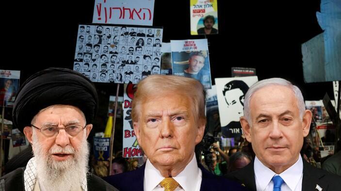 נתניהו, טראמפ וחמינאי על רקע מחאת החטופים. איראן ניסתה לרגל אחר ההתקדמות במגעים (רויטרס, AP) נתניהו, טראמפ וחמינאי על רקע מחאת החטופים. איראן ניסתה לרגל אחר ההתקדמות במגעים