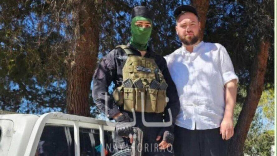 Klein's friend pictured on a vehicle belonging to Syria's General Security Service, alongside a figure linked to the country's new regime תגובה לביקורו של הרב