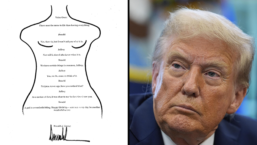 Trump and an alleged drawing of a nude woman that he is said to have sent Epstein as a birthday greeting; he has denied it (Photo: AP Photo/Alex Brandon) נשיא ארה"ב טראמפ, ברכה ליום הולדת ב ציור של אישה עירומה ש נשיא ארה"ב טראמפ שלח לכאורה ל ג'פרי אפשטיין ב-2003