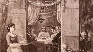 סוכות – ציור של מוריץ דניאל אופנהיים משנת 1867. השכנים הלא-יהודים מציצים פנימה
