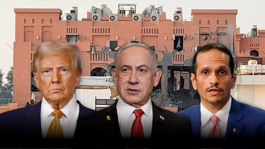 Photo: REUTERS/Ibraheem Abu Mustafa, Ludovic MARIN / AFP, Oliver CONTRERAS/AFP, Sarah Meyssonnier/Pool via AP מוחמד א-תאני ראש ממשלת קטאר, ביבי בנימין נתניהו, דונלד טראמפ המבנה שהותקף בדוחא, קטאר