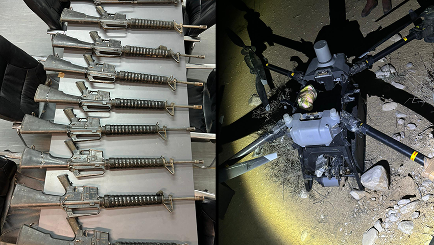 כלי נשק שנתפסו והרחפן שבאמצעותו הוברחו (צילום: דובר צה"ל) סיכול הברחת אמצעי לחימה בגבול מצרים באמצעות רחפן