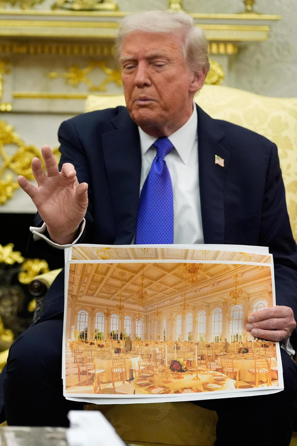 צילום: AP Photo/Alex Brandon נשיא ארה"ב טראמפ מציג הדמיה של אולם נשפים חדש שבנייתו החלה ב הבית הלבן