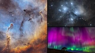 למעלה (בכיוון השעון): צביר הפליאדות, זוהר הקוטב בקנדה וערפילית חדק הפיל למעלה (בכיוון השעון): צביר הפליאדות, זוהר הקוטב בקנדה וערפילית חדק הפיל