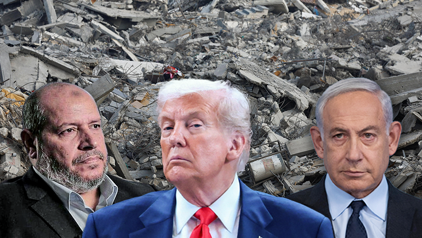 Khalil Al Haya, Donald Trump, Benjamin Netanyahu (Photos: Evelyn Hockstein/Reuters, Jehad Alshrafi/AFP, Alex Kolomoisky, Mahmoud Issa/Reuters) דונלד טראמפ בנימין נתניהו חליל אל חיה