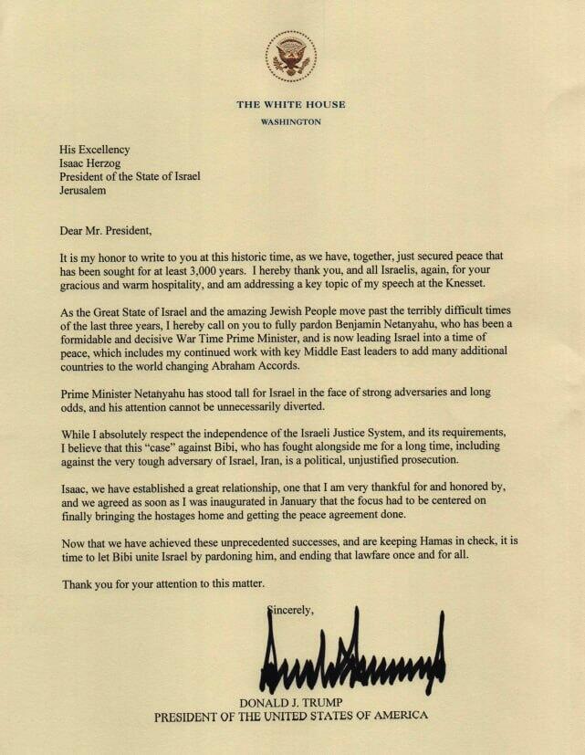 האיגרת ששלח טראמפ להרצוג בבקשה לחנינת נתניהו
