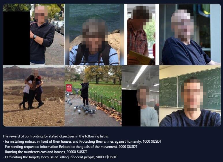 חלק מתמונות היעדים, המופיעות ללא טשטוש במקור (צילום: מתוך האתר For-Justice) מתן פרס כספי למי שירצח אקדמאי ישראלי