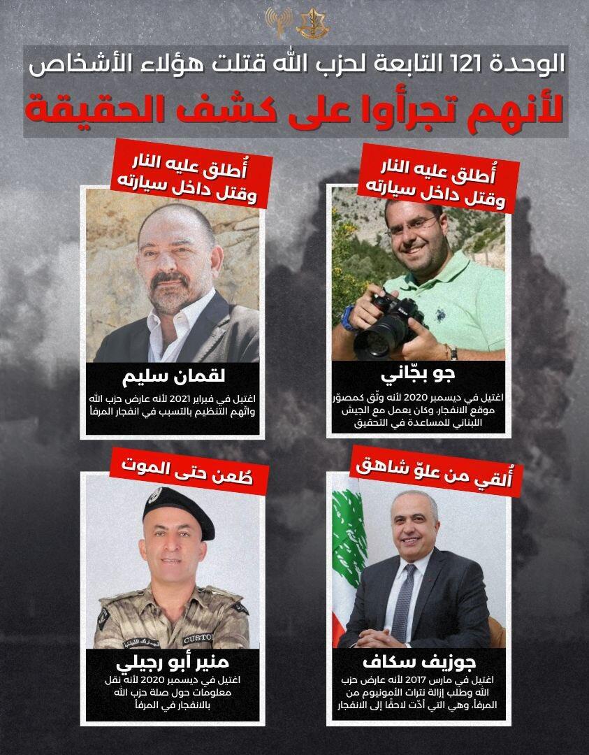 ארבעת המחוסלים (צילום: מתוך חשבון ה-X של דובר צה"ל בערבית ) ג'וזף סכאף, ג'ו בג'אני, לקמאן סלים ומוניר אבו רג'ילי