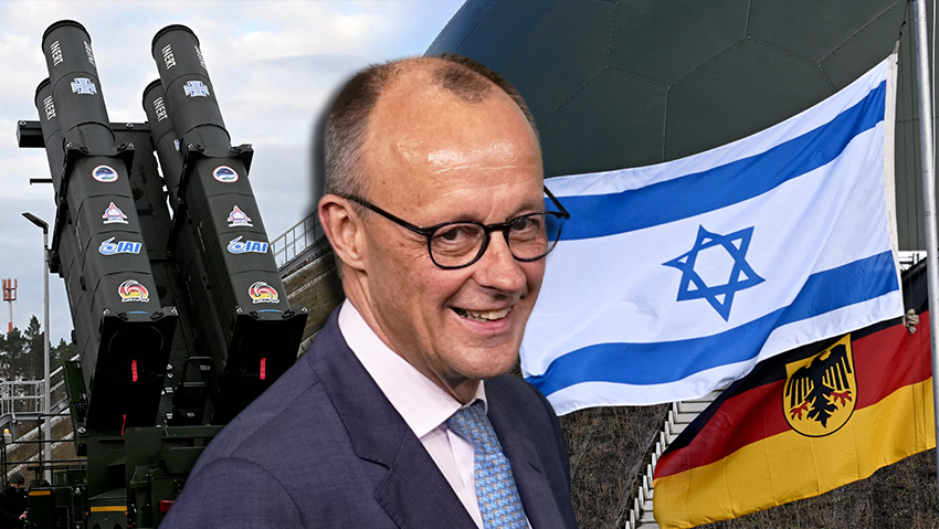 "איתות לחברה הישראלית". פרידריך מרץ, על רקע מערכת "חץ 3" בגרמניה (צילום: RALF HIRSCHBERGER / AFP, AP Photo/Martin Meissner) פרידריך מרץ גרמניה חץ 3