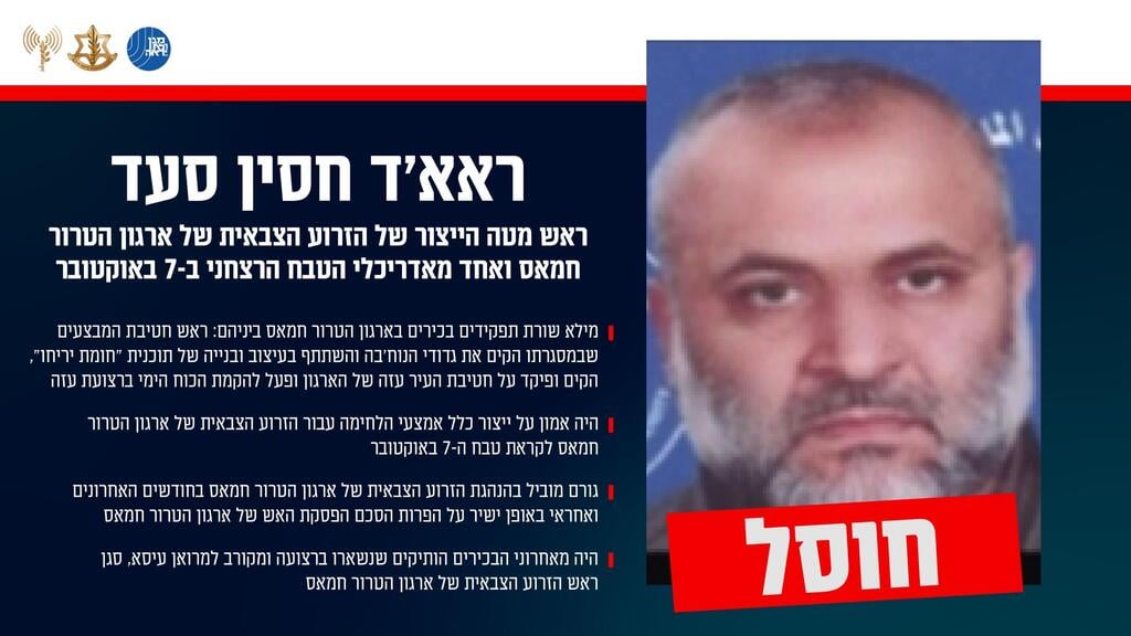 "תעודת הזהות" של סעד שפרסם צה"ל (צילום: דובר צה"ל) אינפוגרפיקה על חיסול בכיר חמאס ראאד סעד