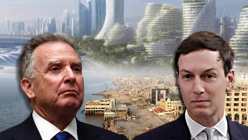 Jared Kushner and Steve Witkoff, alongside the current Gaza and the 'new Gaza' they envision in their 'Sunrise Project' (Photo: REUTERS/Dawoud Abu Alkas, REUTERS/Evelyn Hockstein, AP Photo/Terry Renna) ג'ארד קושנר סטיב וויטקוף