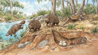 שילוב מעניין של מאפיינים המזכירים את שתי הקבוצות גם יחד, אכינדנפוס למטה משמאל. שישה מינים נכחדים של יונקי ביב מאוסטרליה