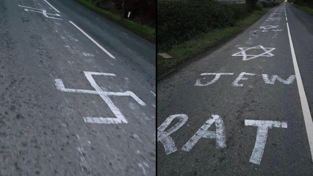 Graffiti reading 'Jew rat' and swastikas sprayed in Ireland this month (Photo: X) כתובת "יהודי עכברוש" (מימין) וצלבי קרס באירלנד