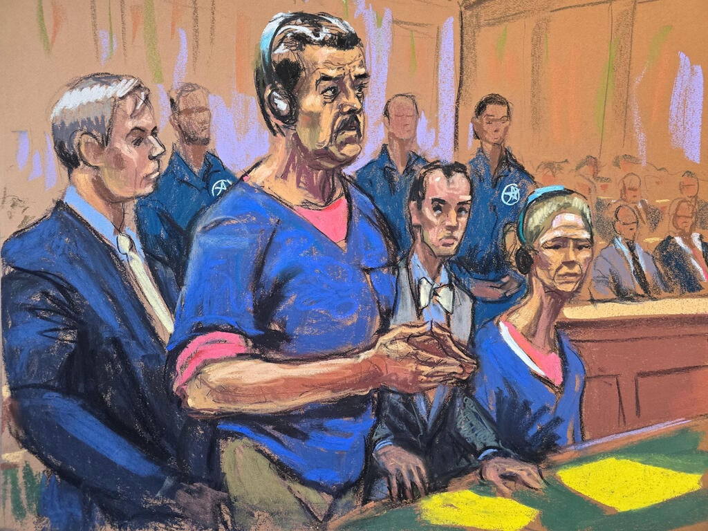 An illustration of Maduro and his wife in court (Photo: REUTERS/Jane Rosenberg) סיליה פלורס אשתו של נשיא ונצואלה המודח ניקולס מדורו איור בית משפט ניו יורק