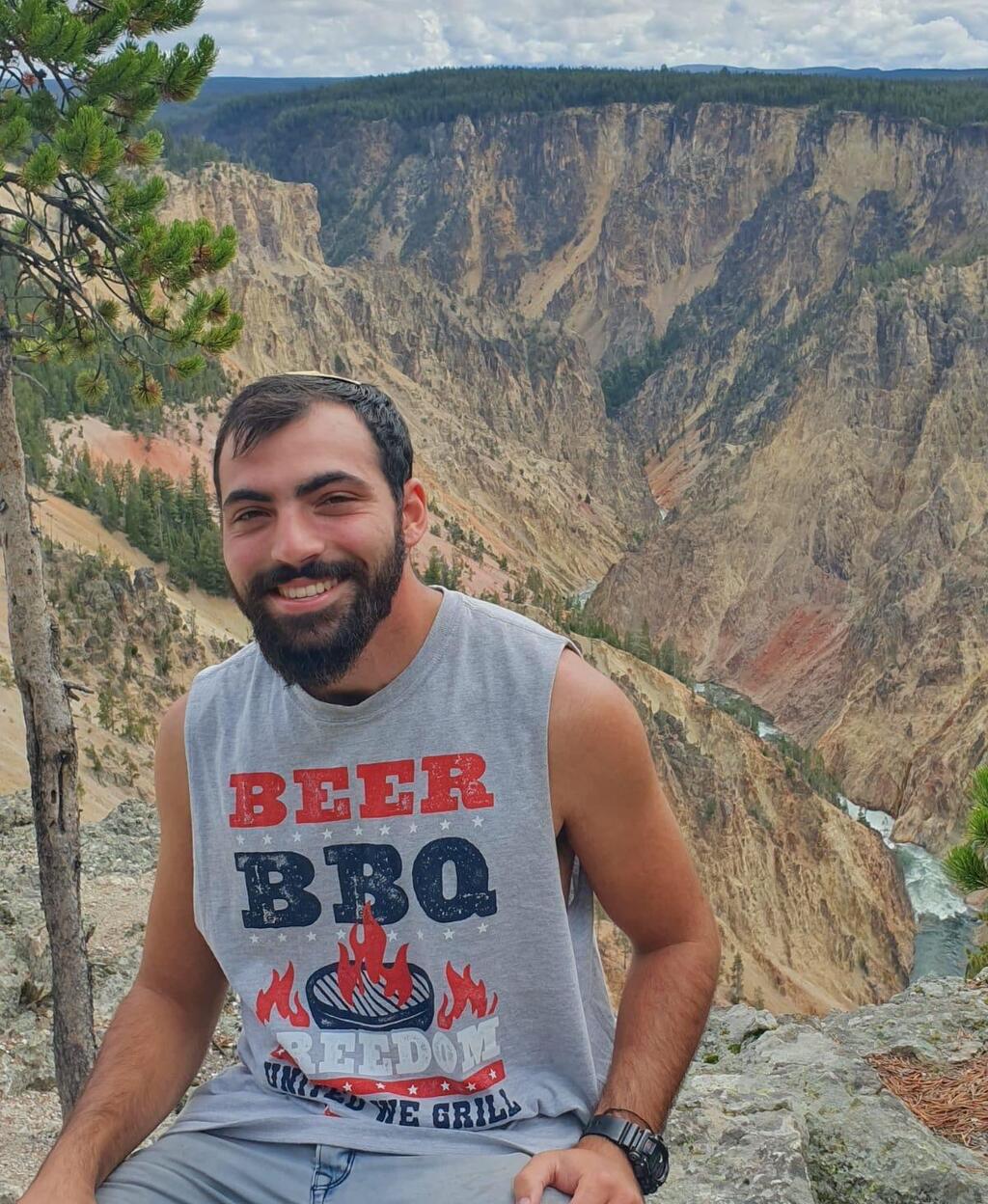 Amichai Oster at Yellowstone National Park during his post-army trip, which he cut short to return to Israel after October 7 (Photo: Courtesy) Amichai Oster at Yellowstone National Park during his post-army trip, which he cut short to return to Israel after October 7
