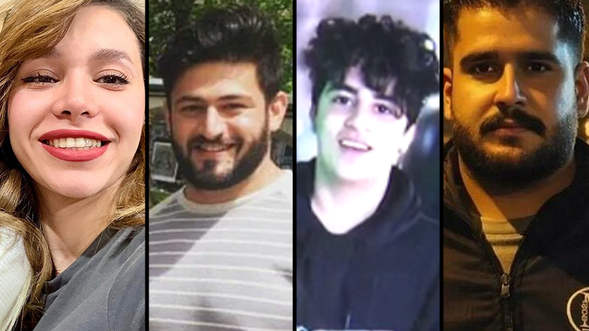 Four of the massacre victims, from right to left: Mohammad Kouhkan, Amir Ali Heydari, Mehdi Zatparvar and Robina Aminian ארבעה מקורבנות הטבח, מימין לשמאל: אמיר מוחמד קוחקאן, אמיר עלי חיידרי, מהדי זטפרוואר ורובינה אמיניאן