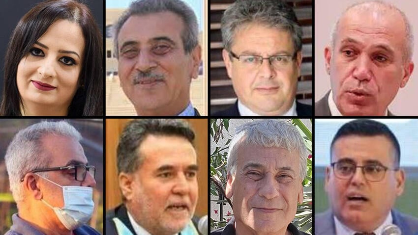 Clockwise from top right: Aed Yaghi, Bashir al-Rais, Ali Shaath, Hana Tarzi, Omar Shamali, Abdul Karim Ashour, Jaber al-Daour and Ayed Abu Ramadan מימין למעלה: עאיד יאע'י, בשיר אל-רייס, עלי שעת', הנאא תרזי, עומר שמאלי, עבד אל-כרים עאשור, ג'בר אל-דאעור ועאיד אבו רמדאן