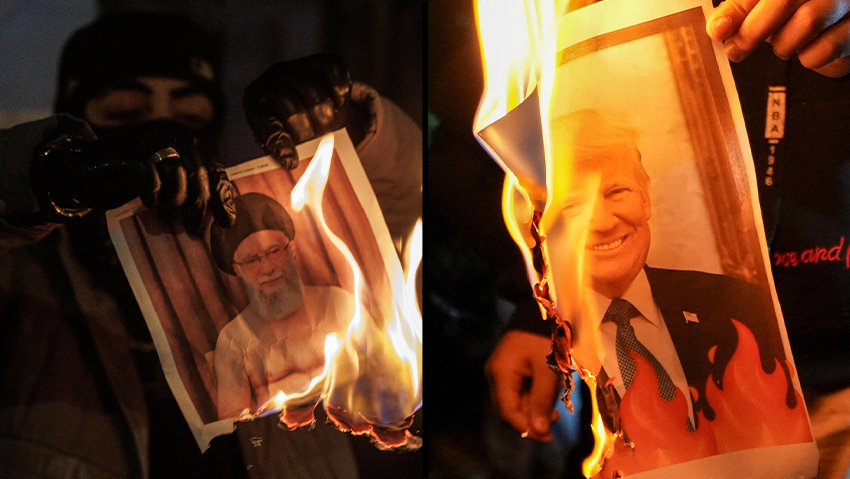 Photo: REUTERS/Mohammed Aty, Dan Kitwood/Getty Images עיראק הפגנה נגד טראמפ שורפים את תמונת עלי חמינאי