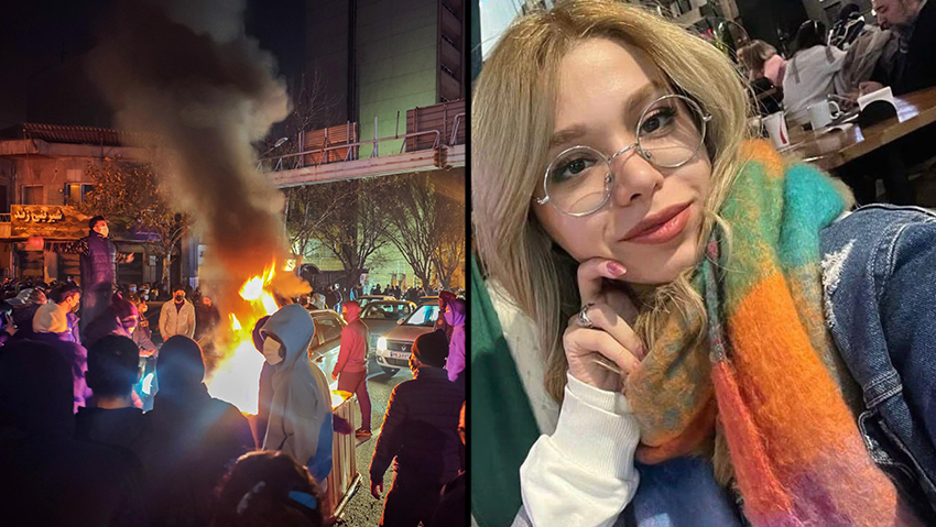 Fire in the streets of Iran at the height of the protests, and protest activist Rubina, whose family was informed she was killed (Photo: Anonymous/Getty Images, AP) רובינה מפגינה שנהרגה ב טהרן איראן